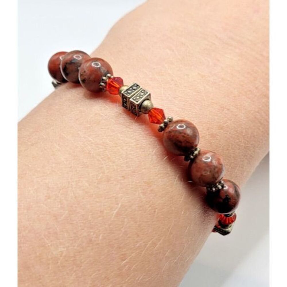 Bohemian Red Jasper Beaded Bracelet Magnetic Red Crystal 7.5in